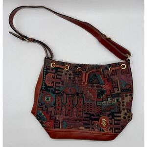 VTG SC Boho Tapestry Shoulder Bag Southwestern Print Drawstring Leather Purse
